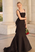 Black Pearl Trim Mermaid Prom Gown With Big Bow