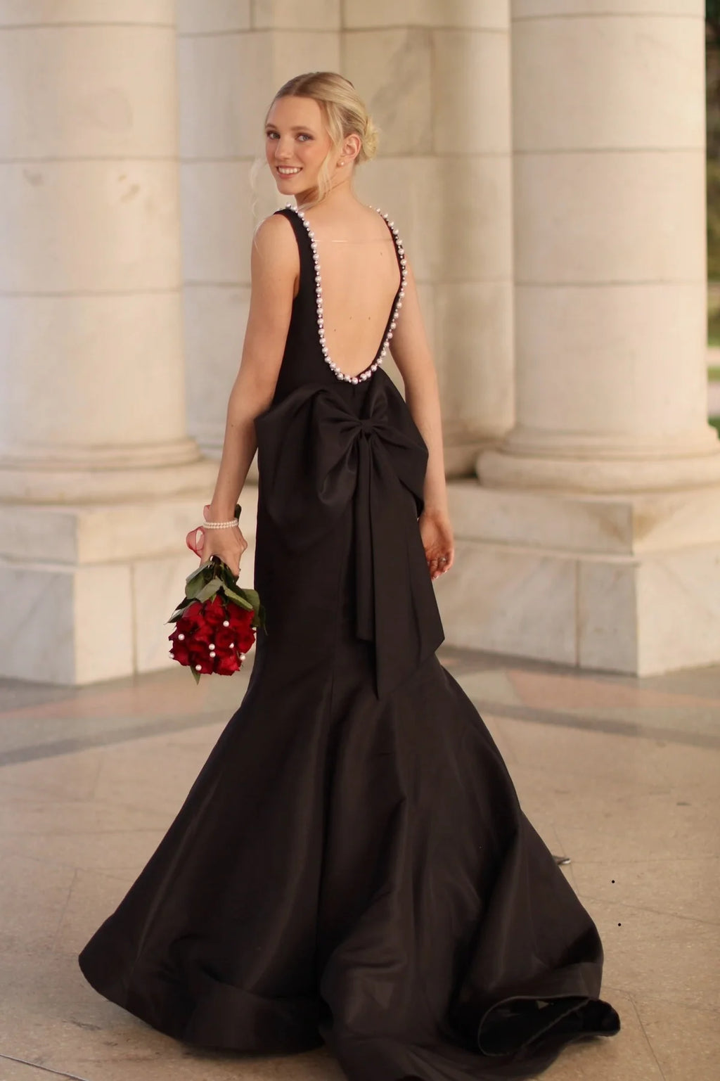 Black Pearl Trim Mermaid Prom Gown With Big Bow