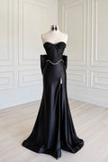 Black Satin Strapless Mermaid Prom Gown