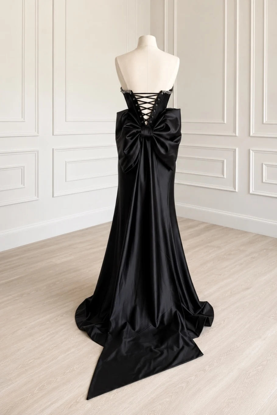 Black Satin Strapless Mermaid Prom Gown