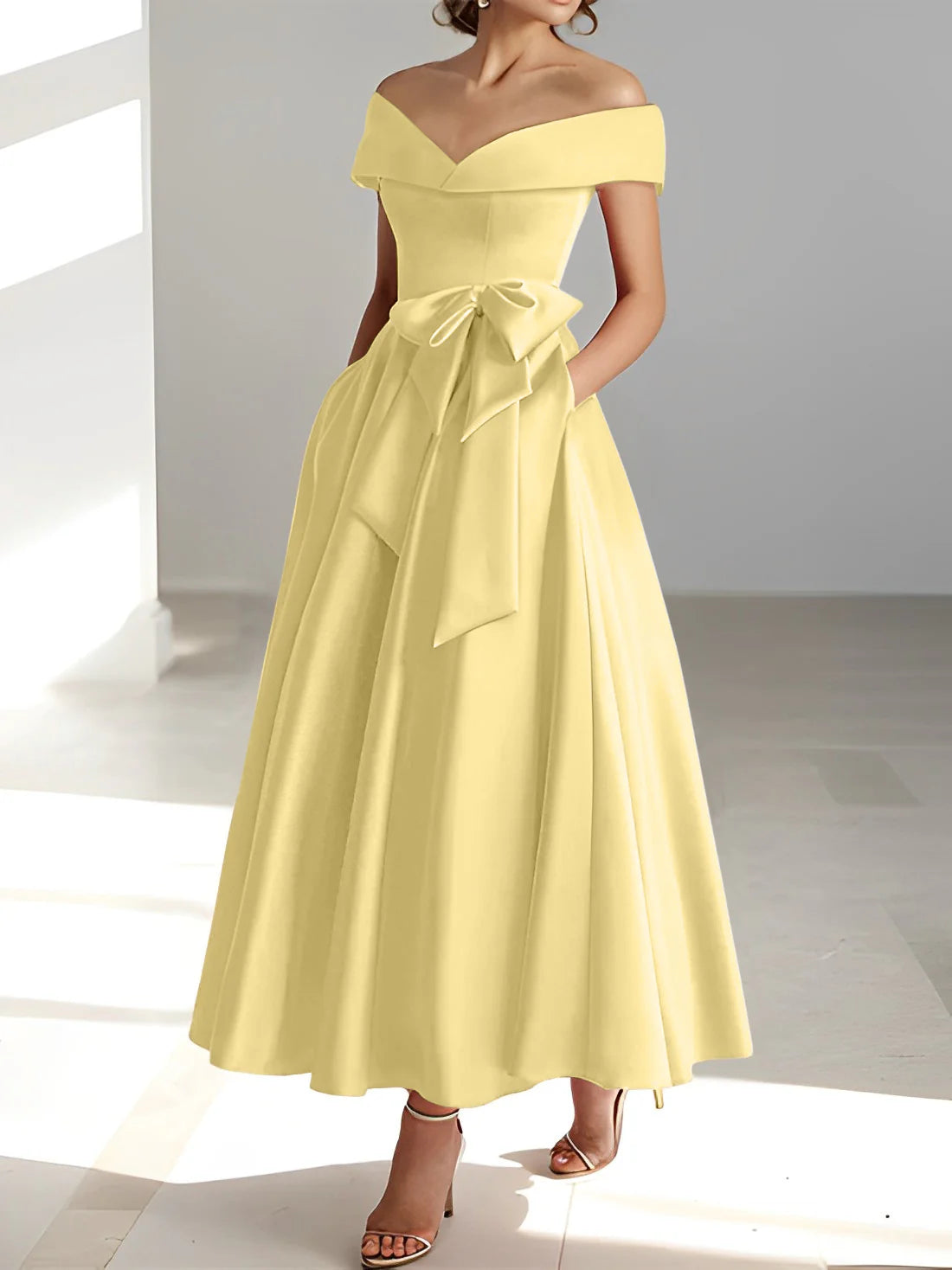 Vestidos de madre de la novia con bolsillos y hombros descubiertos, corte A/Princesa