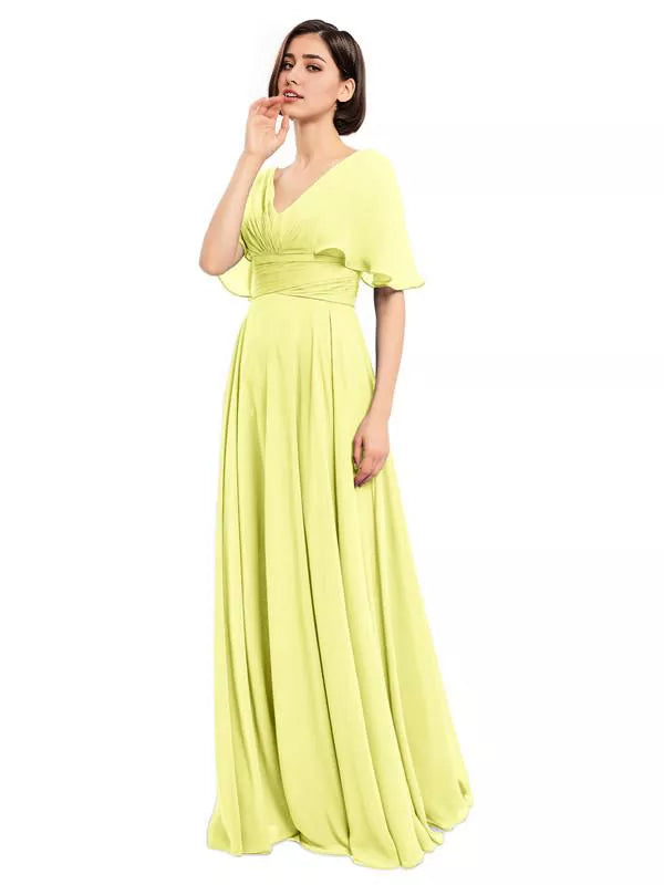 Elegantes vestidos largos de dama de honor de gasa con escote en V y mangas cortas