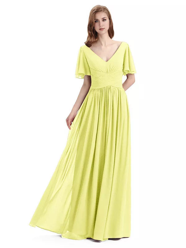 Vestidos de dama de honor elegantes de gasa con escote en V, mangas cortas y largo hasta el suelo