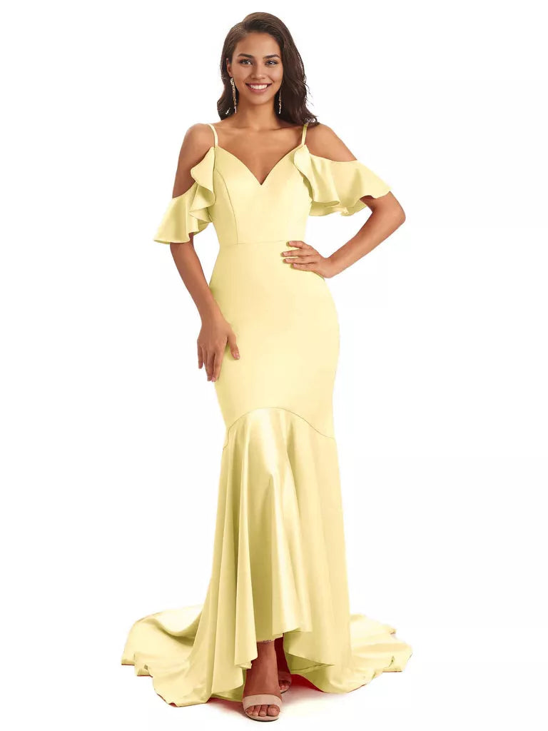 Soft Satin Asymmetric Spaghetti Straps Sleeveless Mermaid Cold Shoulder Bridesmaid Dresses