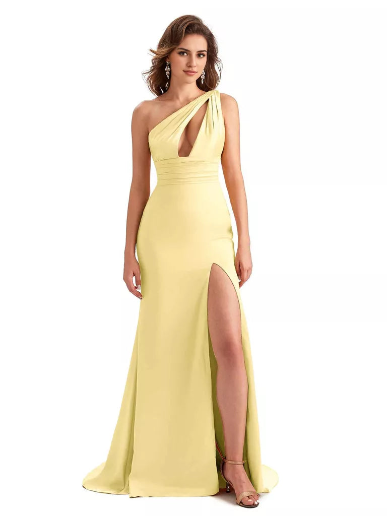 Vestido de dama de honor largo, único, sin mangas, de satén sedoso, con abertura lateral y sirena, sexy, de un solo hombro
