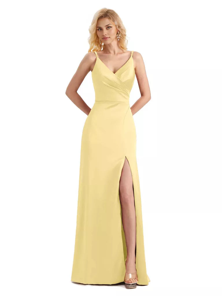 Vestido de dama de honor largo, formal, cruzado, sin mangas, con escote en V y abertura lateral de satén suave y sencillo