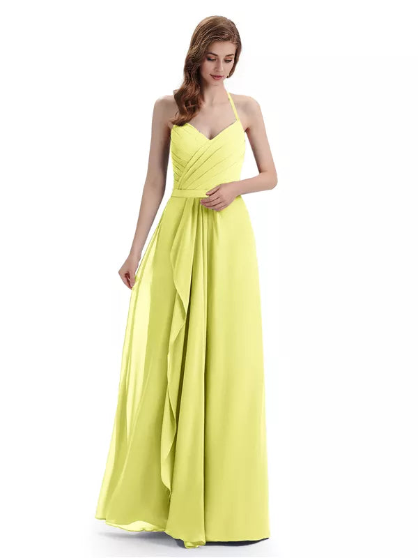 Encantadores vestidos de dama de honor con escote en V, hombros descubiertos, sin mangas y hasta el suelo
