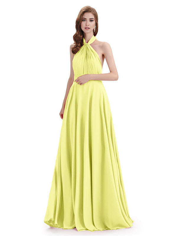 Vestidos de dama de honor sencillos de corte A, cuello alto, halter, sin mangas, plisados, de gasa, hasta el suelo