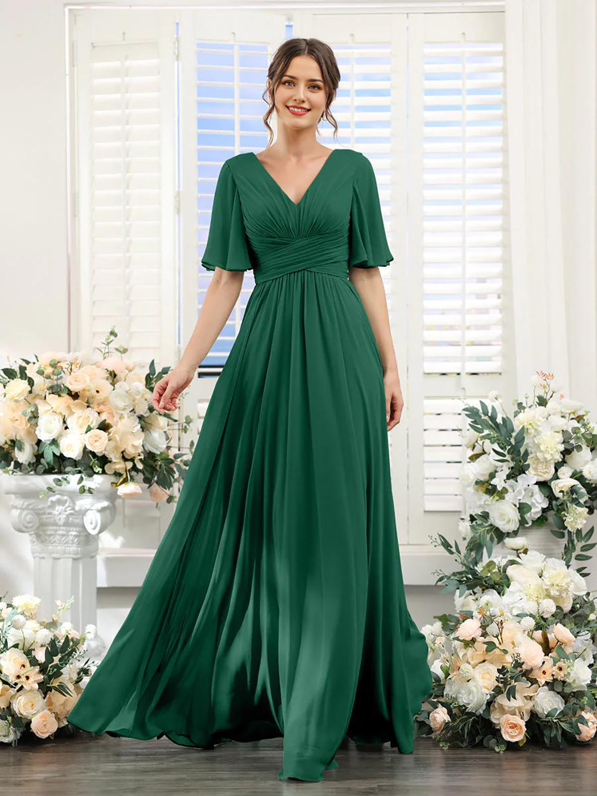 Mint Green Chiffon A-Line Floor-Length Bridesmaid Dress | V-Neck, Ruched Bodice & High Slit