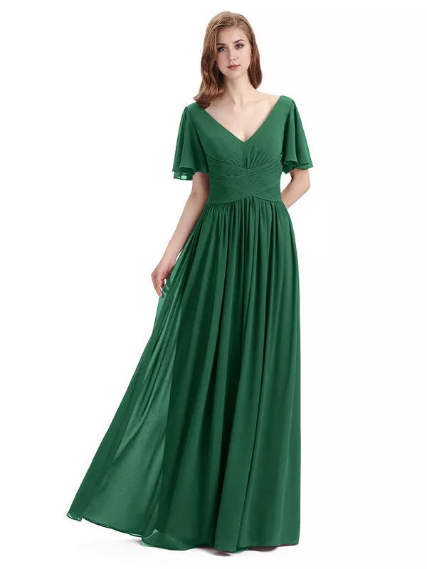 Vestidos de dama de honor elegantes de gasa con escote en V, mangas cortas y largo hasta el suelo