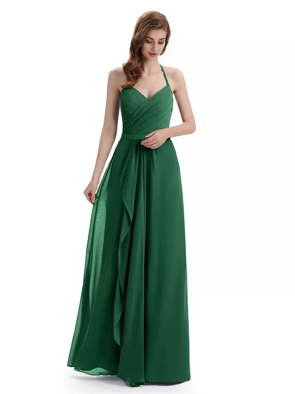 Encantadores vestidos de dama de honor con escote en V, hombros descubiertos, sin mangas y hasta el suelo