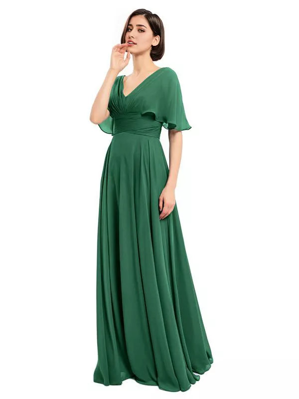Elegantes vestidos largos de dama de honor de gasa con escote en V y mangas cortas