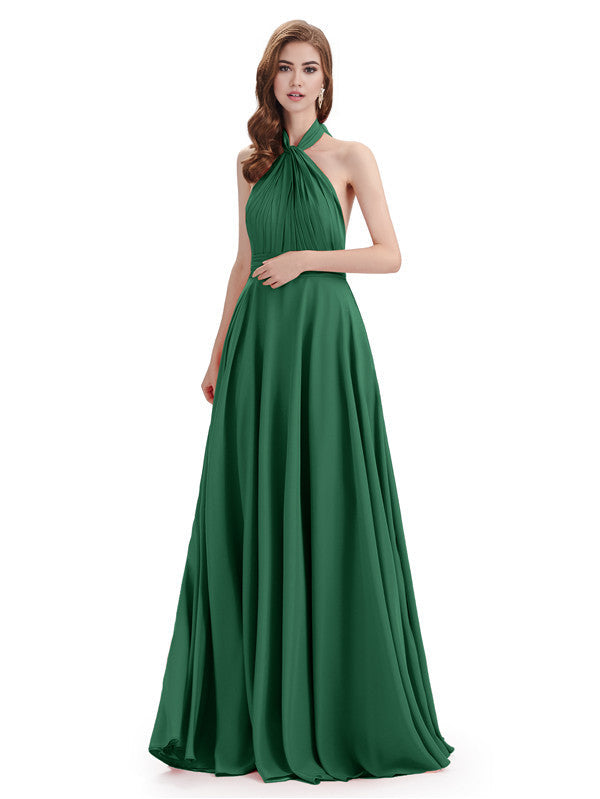 Simple A-Line High Neck Halter Sleeveless Pleats Chiffon Floor Length Bridesmaid Dresses