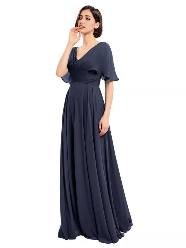 Elegantes vestidos largos de dama de honor de gasa con escote en V y mangas cortas