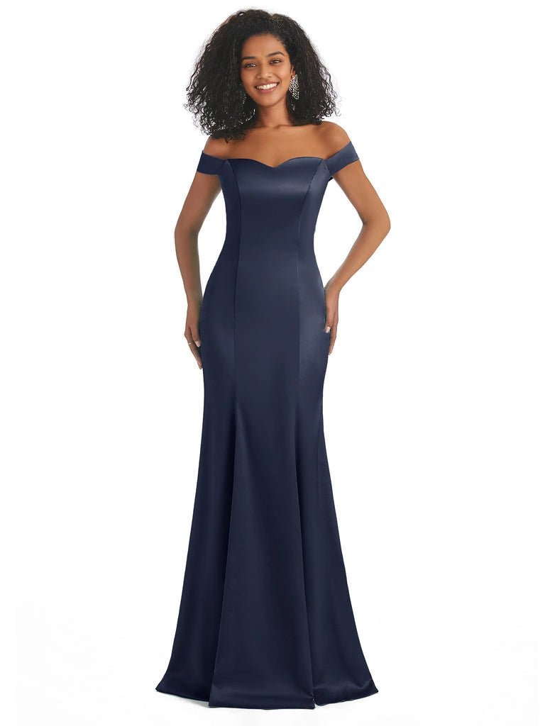 Vestidos de dama de honor largos, sencillos, de satén suave, sin mangas y con hombros descubiertos, de corte sirena