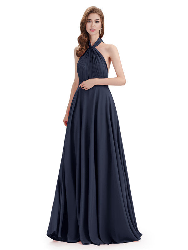Simple A-Line High Neck Halter Sleeveless Pleats Chiffon Floor Length Bridesmaid Dresses