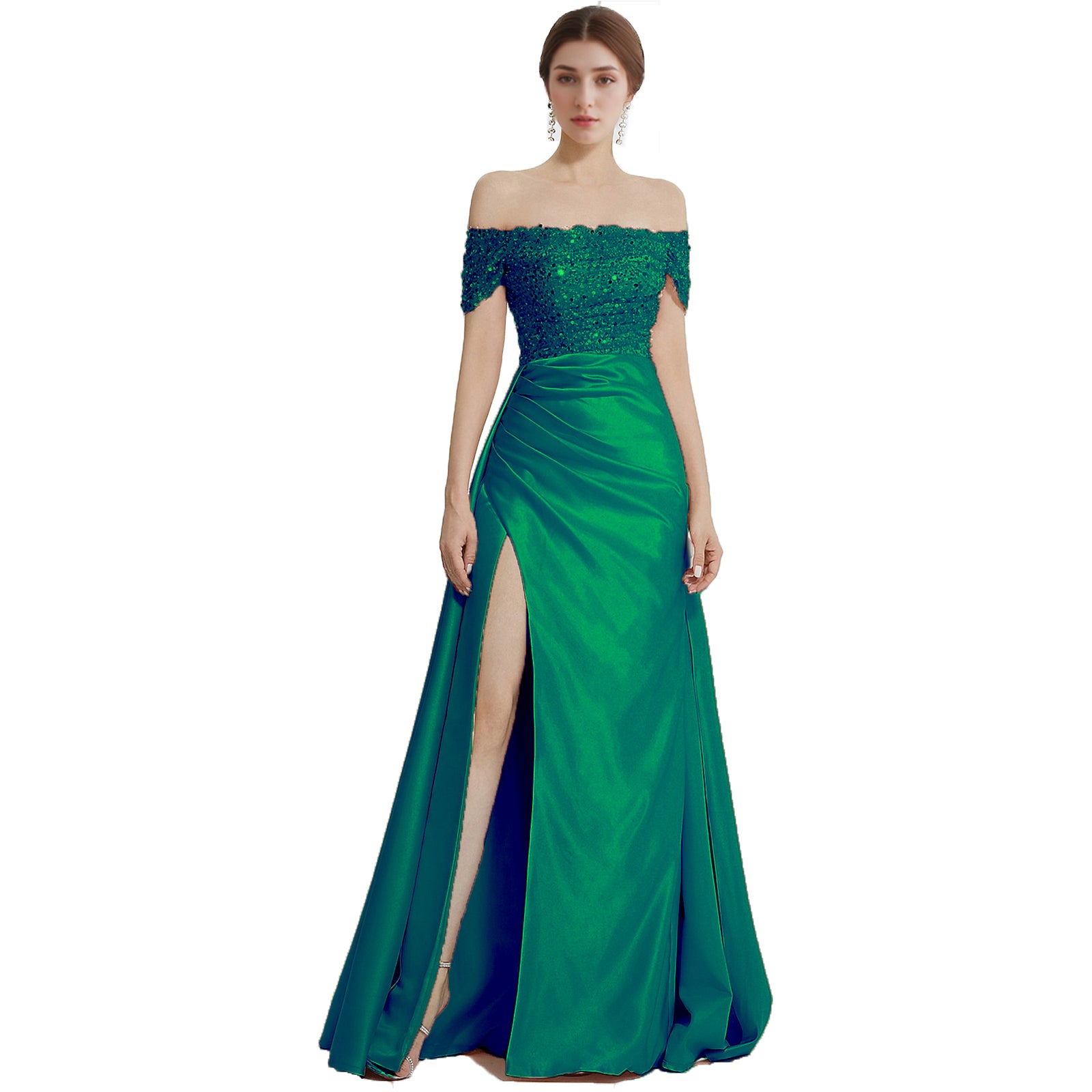 Sheath Column Evening Gown Elegant Dress Formal Floor Length Short Sleeve Off Shoulder Sequined with Glitter Pleats Slit