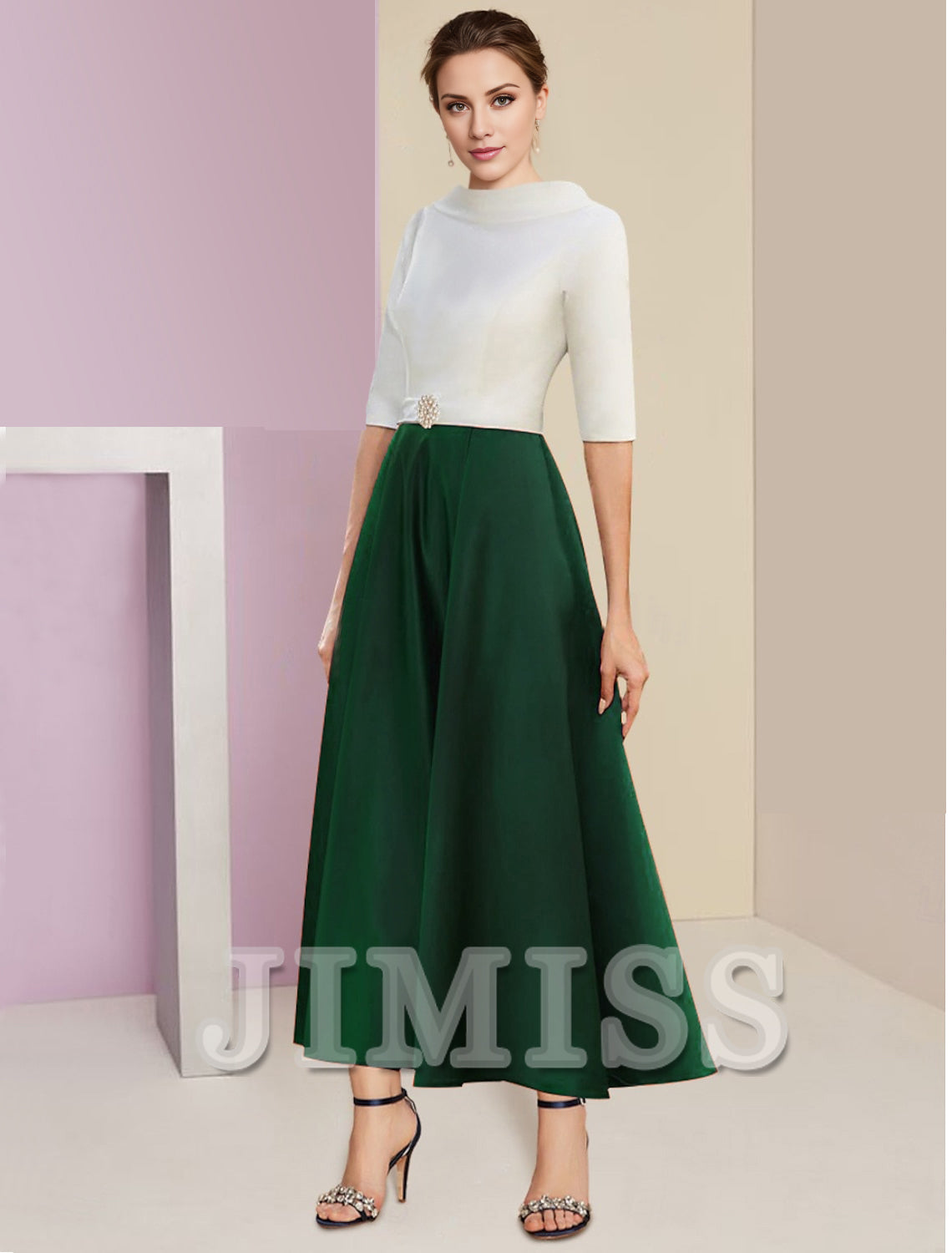 Two-Tone Dark Navy Crepe A-Line Tea-Length Evening Dress with Cowl Neck