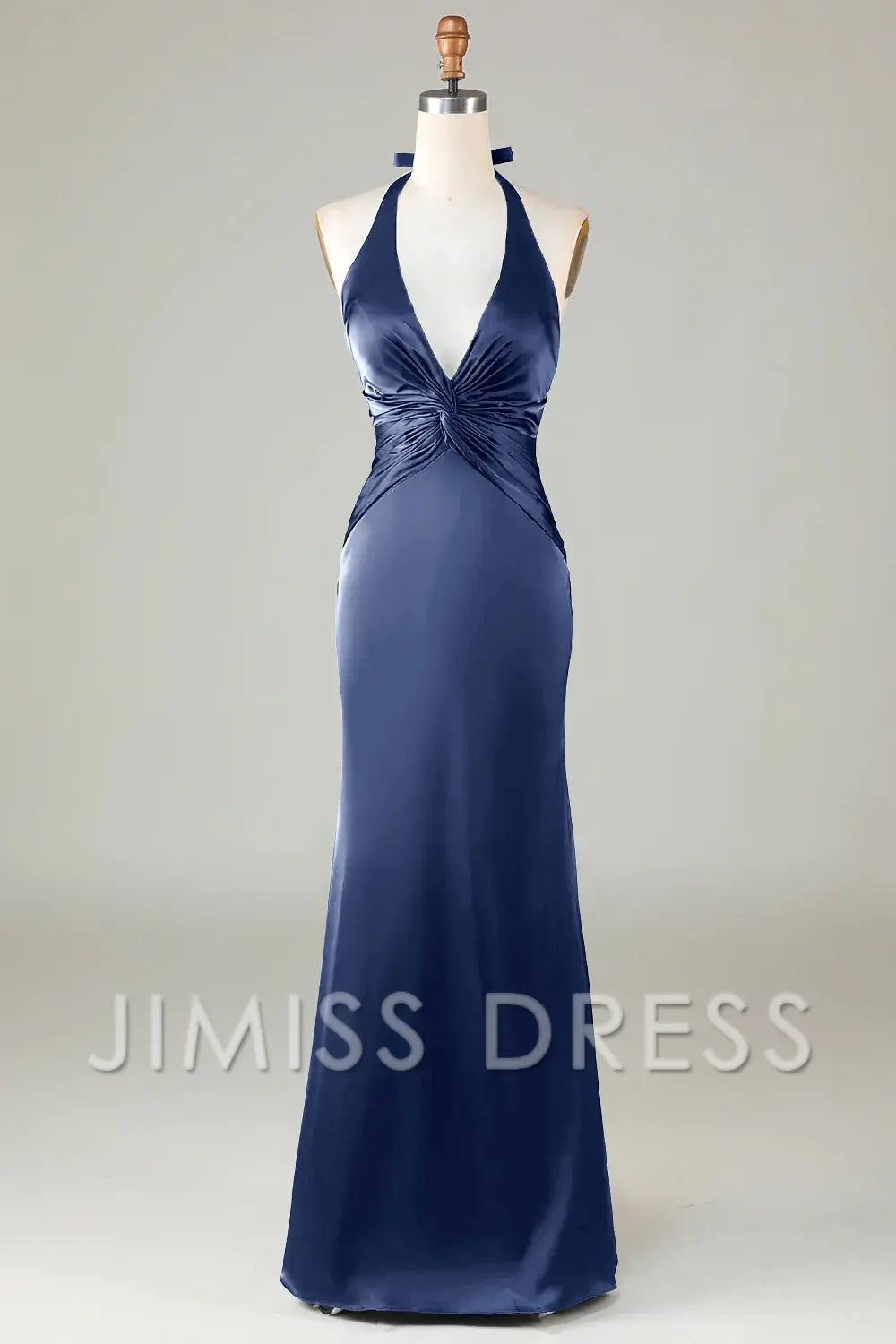 Vestido de dama de honor largo de satén verde oscuro con escote colgante y cola de pez de Jimiss