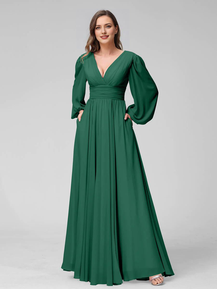 Blushing Pink Chiffon V-Neck A-Line Floor-Length Bridesmaid Dress with Bishop Sleeves