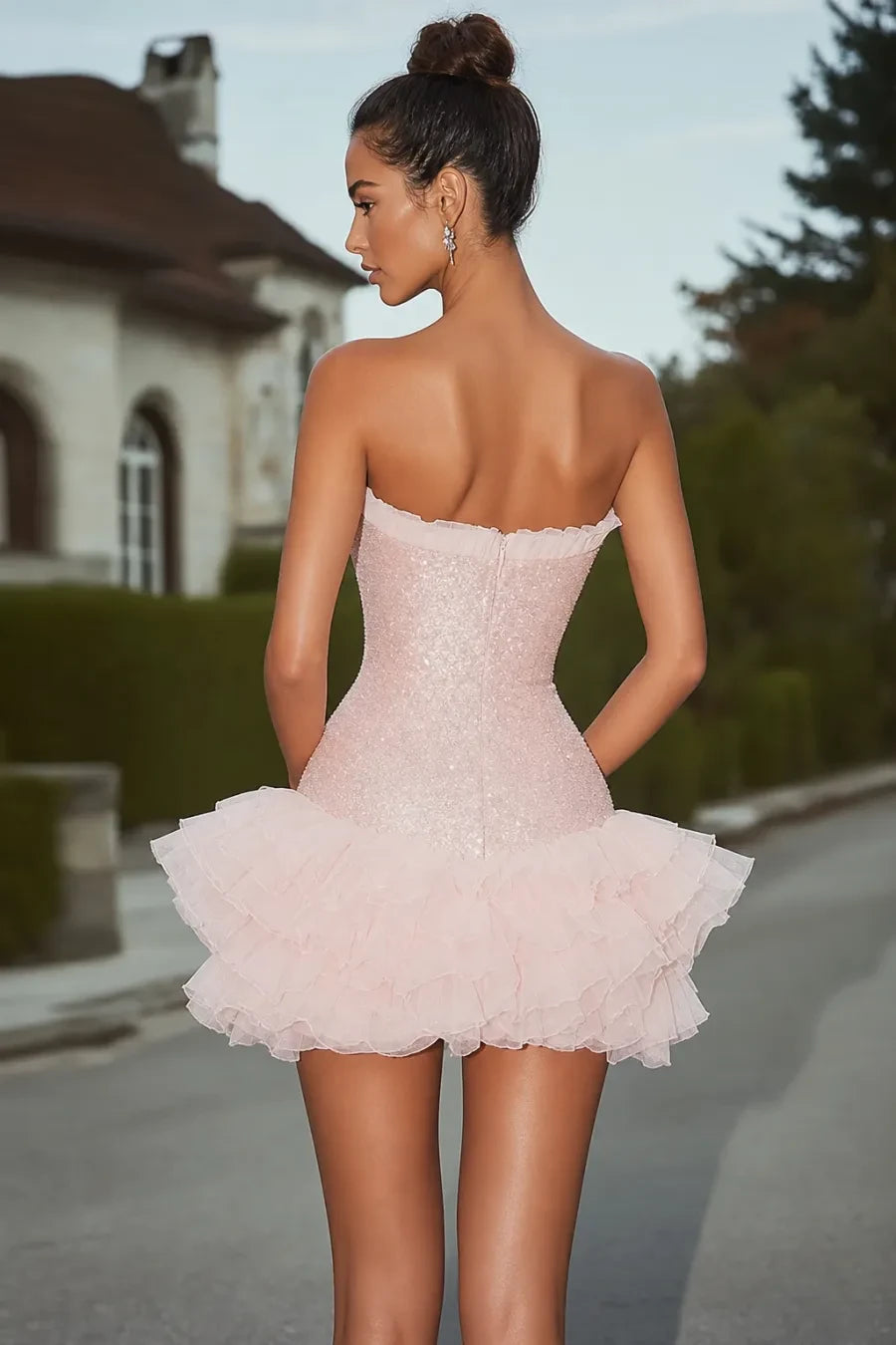 Dazzling Sequin Tulle A-Line Strapless Sleeveless Zipper Back Mini Ruffled Homecoming Dresses