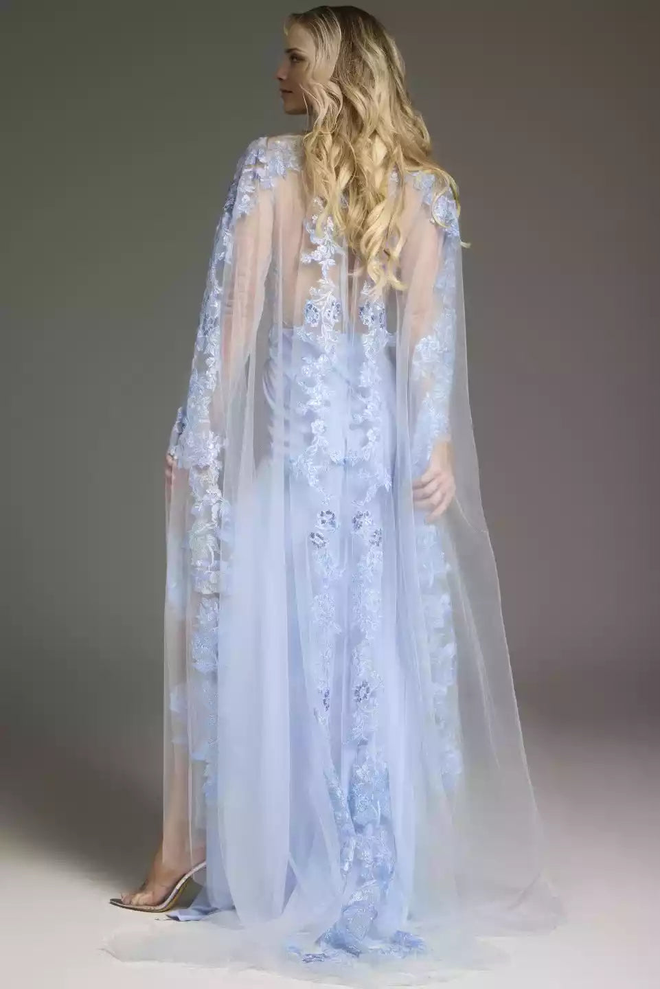 Sky Blue Crepe Lace Sheath/column Floor-Length Gown with Illusion V-Neck & Flowing Cape