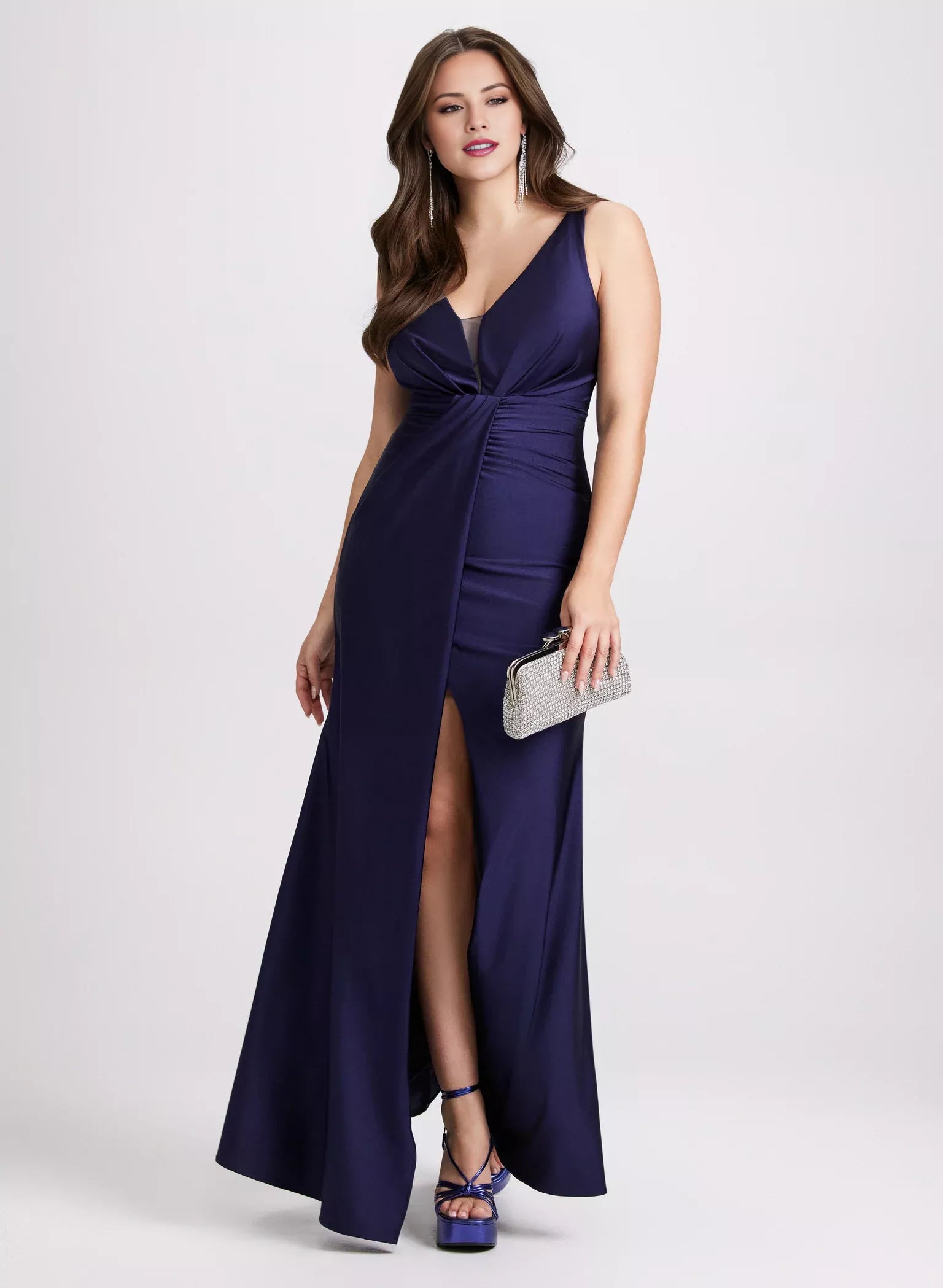 Deep V-neck sleeveless backless side slit and floor length evening dress