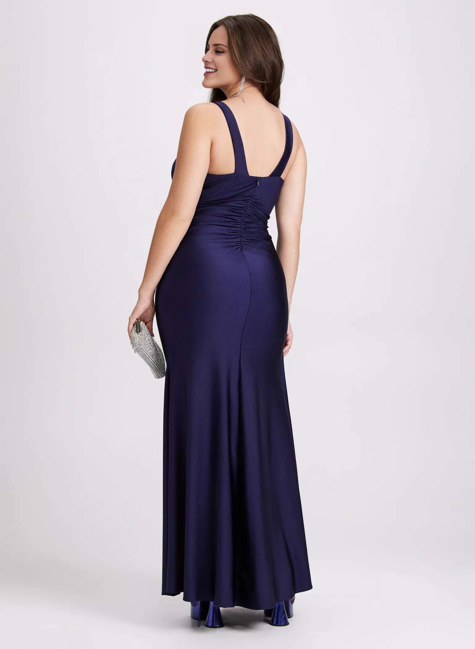 Deep V-neck sleeveless backless side slit and floor length evening dress