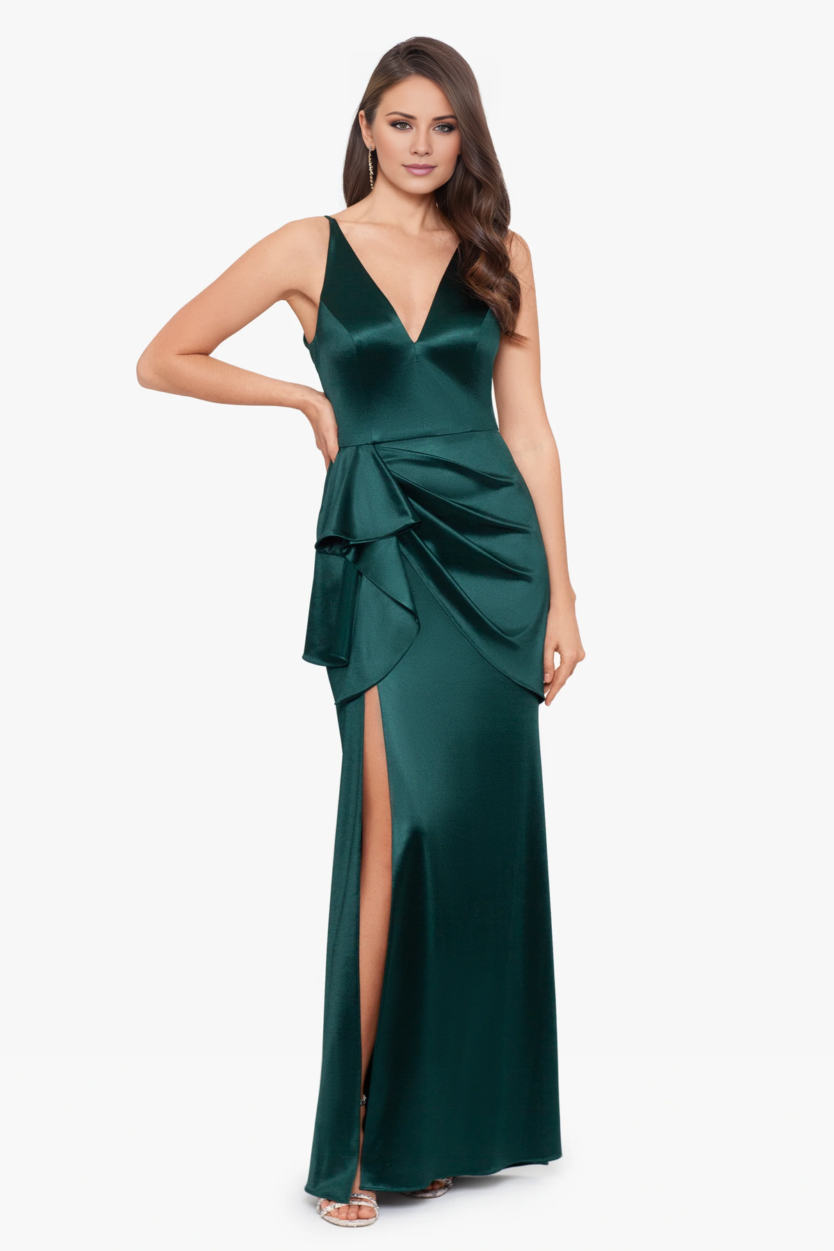 Vestido de fiesta largo hasta el suelo con escote en V profundo, sin mangas, abertura lateral con volantes 
