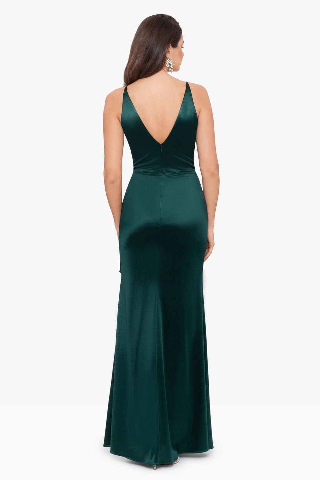 Vestido de fiesta largo hasta el suelo con escote en V profundo, sin mangas, abertura lateral con volantes 