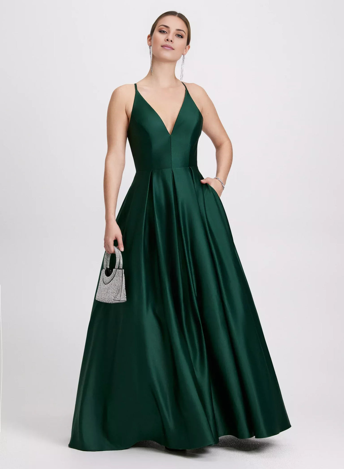 Forest Green Satin A-Line Floor-Length Gown with Plunging V-Neck, Pleated Skirt & Pockets