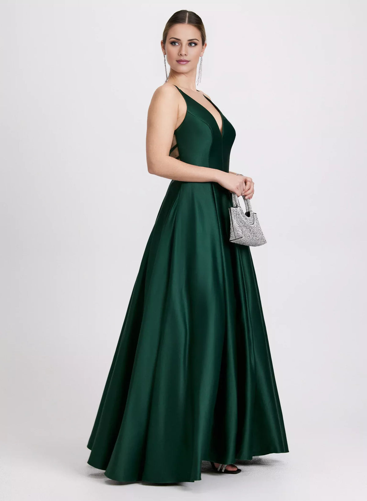Forest Green Satin A-Line Floor-Length Gown with Plunging V-Neck, Pleated Skirt & Pockets