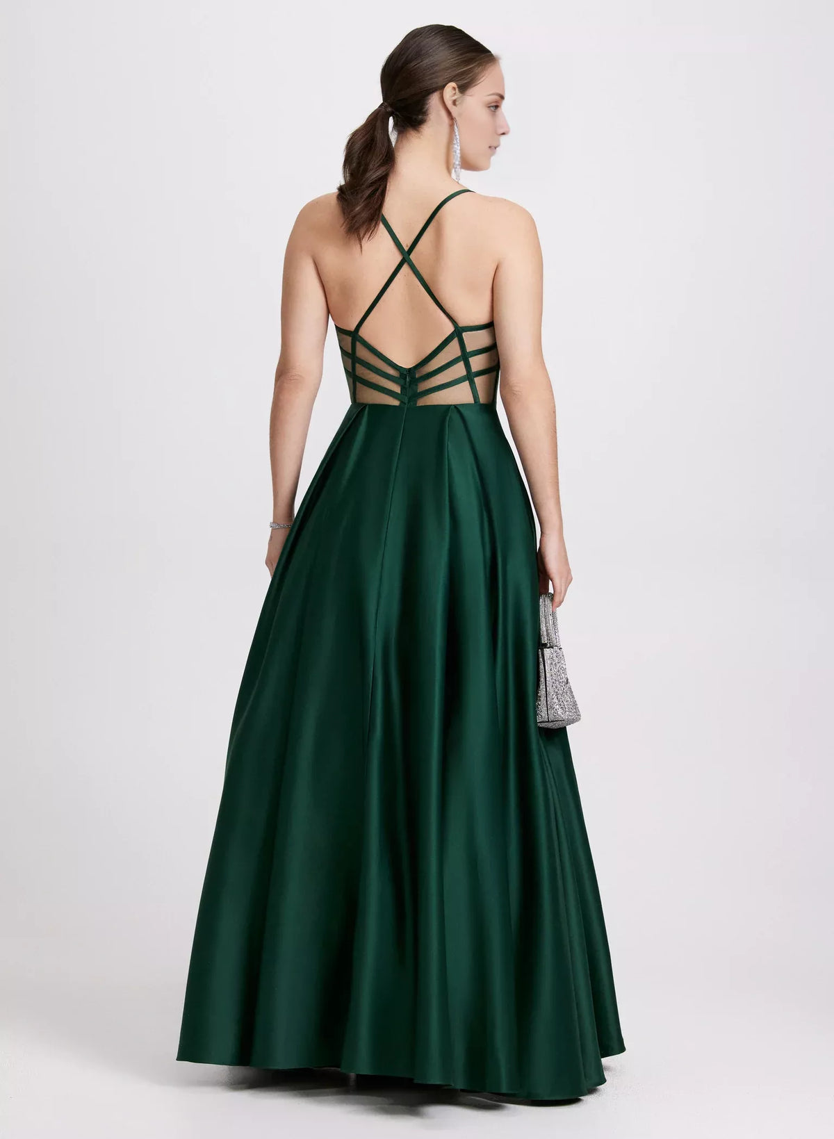 Forest Green Satin A-Line Floor-Length Gown with Plunging V-Neck, Pleated Skirt & Pockets