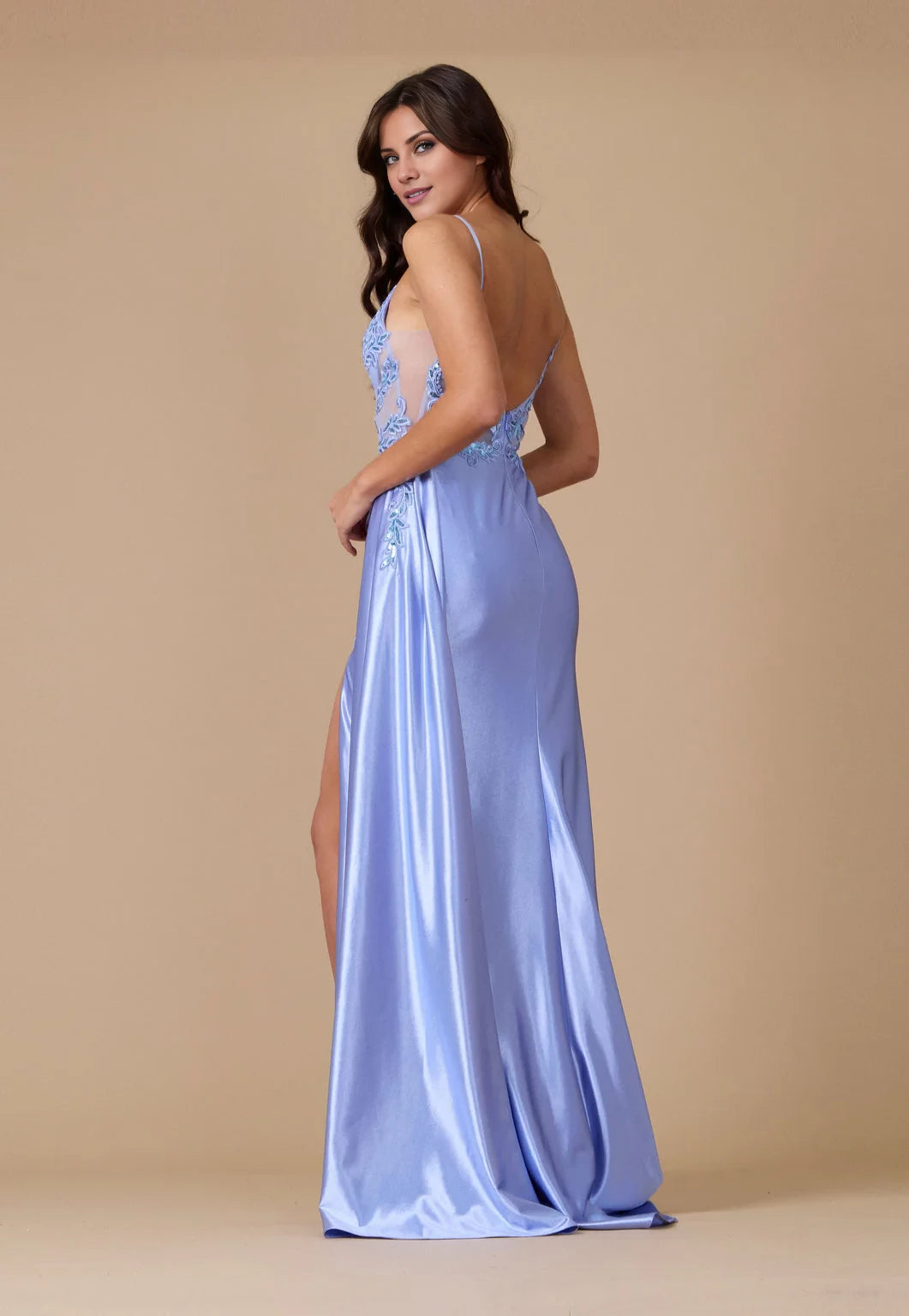 Deep V-neck thin shoulder straps lace stickers floral dew back side slit and floor length Prom dress