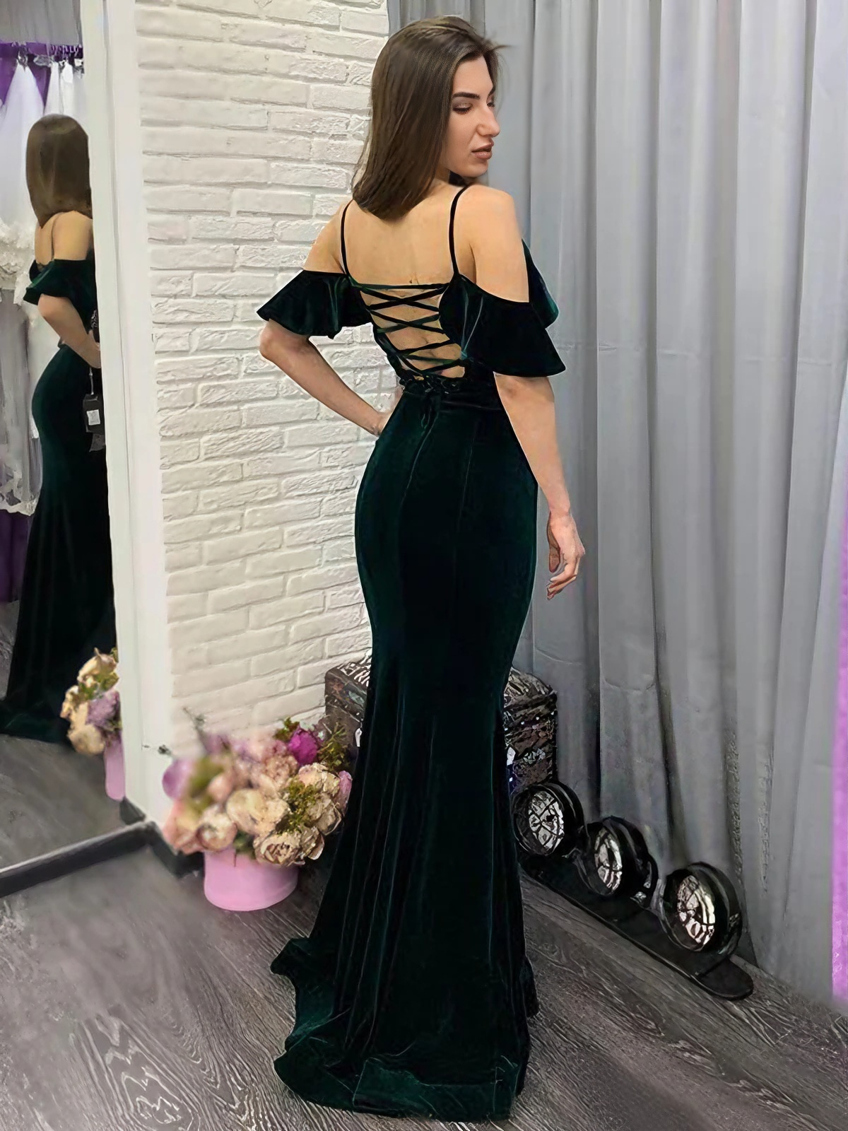 Luxurious Velvet Mermaid Off-Shoulder Flutter Lace-Up Deep Emerald Evening Gown
