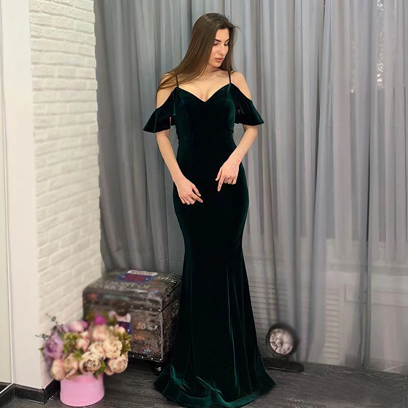 Luxurious Velvet Mermaid Off-Shoulder Flutter Lace-Up Deep Emerald Evening Gown