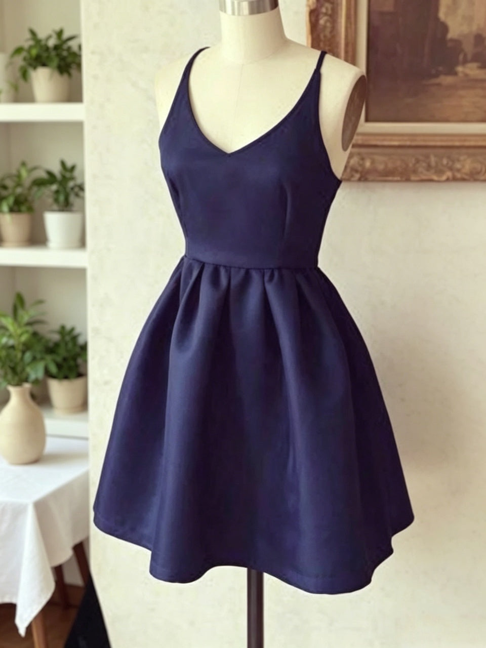 Deep navy satin spaghetti strap criss cross back short A-line homecoming dress
