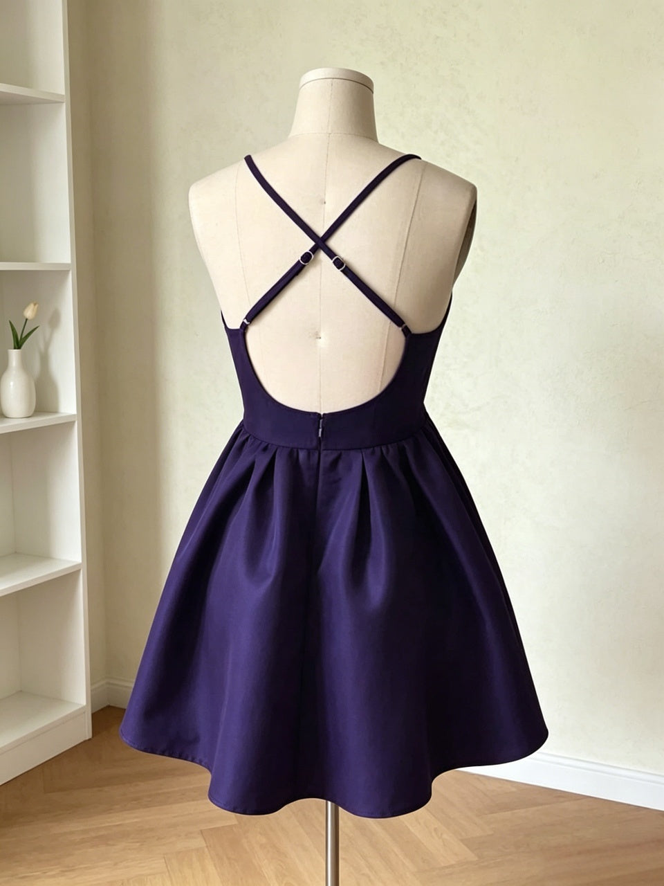 Deep navy satin spaghetti strap criss cross back short A-line homecoming dress