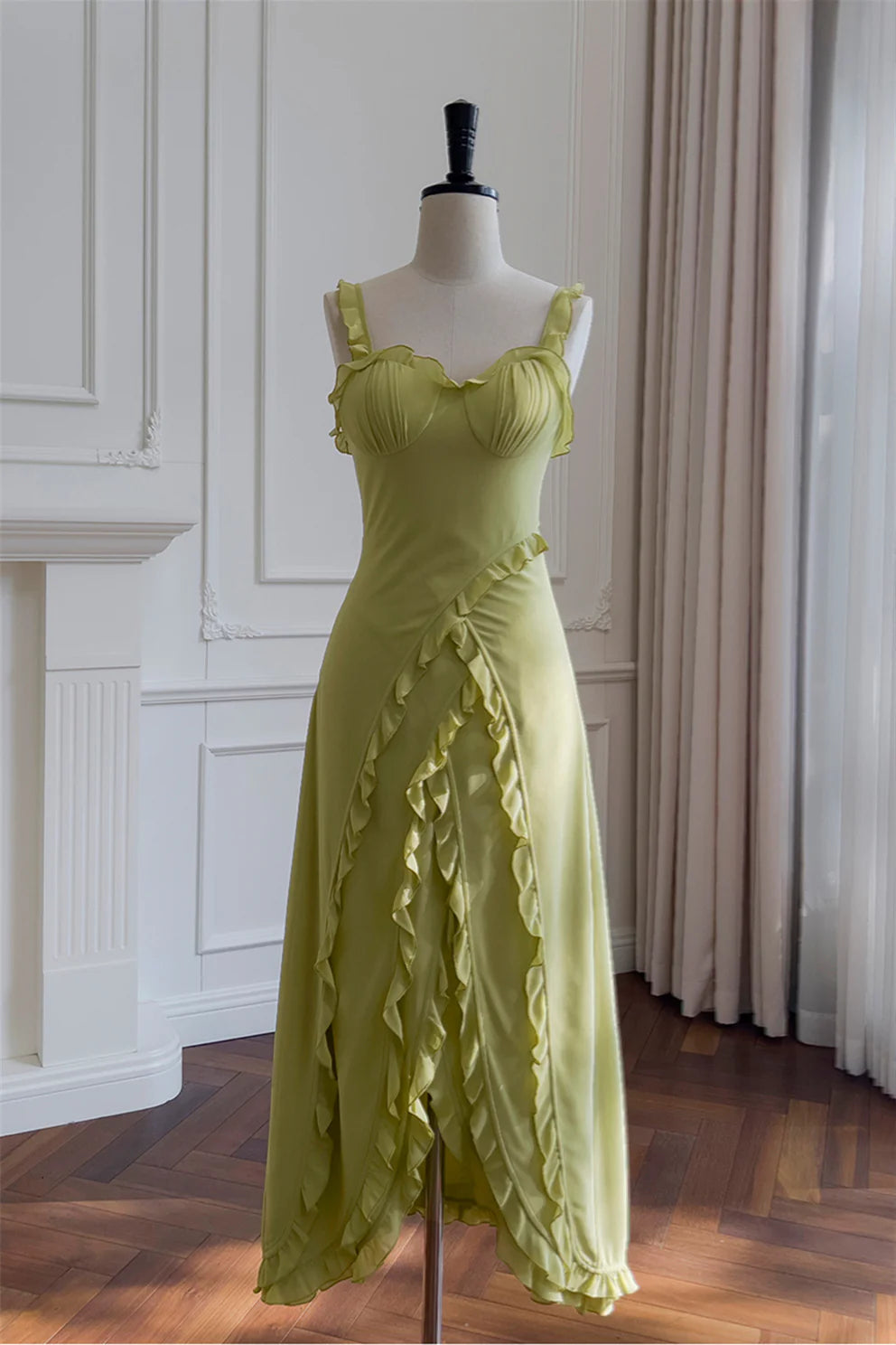 Sage Green Chiffon A-Line Floor-Length Bridesmaid Dress: Sweetheart Neckline & Ruffled Straps