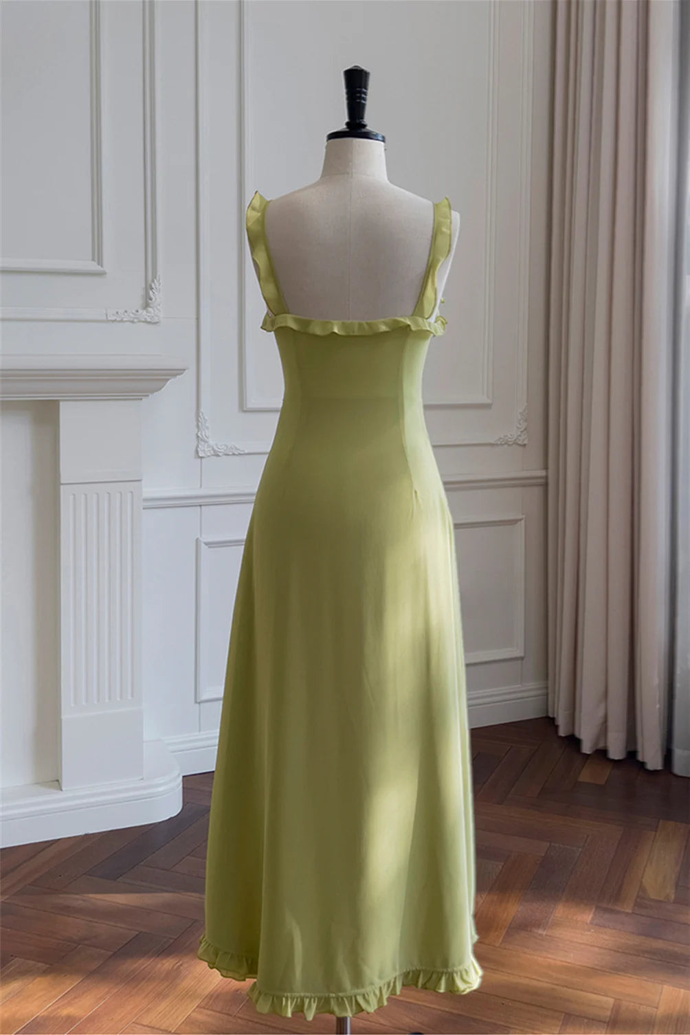 Sage Green Chiffon A-Line Floor-Length Bridesmaid Dress: Sweetheart Neckline & Ruffled Straps