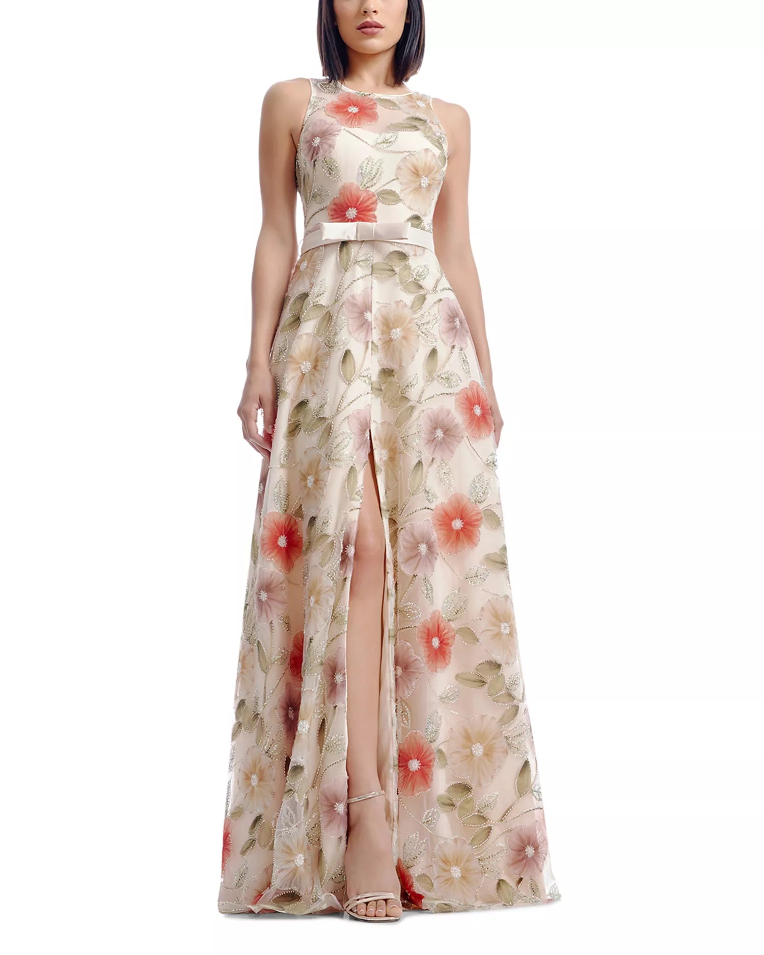 Delicate Flowy A-Line Round Neck Sleeveless Keyhole Back Slit Maxi Prom Dress