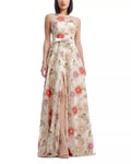 Ivory Mesh A-Line High Neck Floor-Length Evening Dress with Floral Embroidery & High Slit