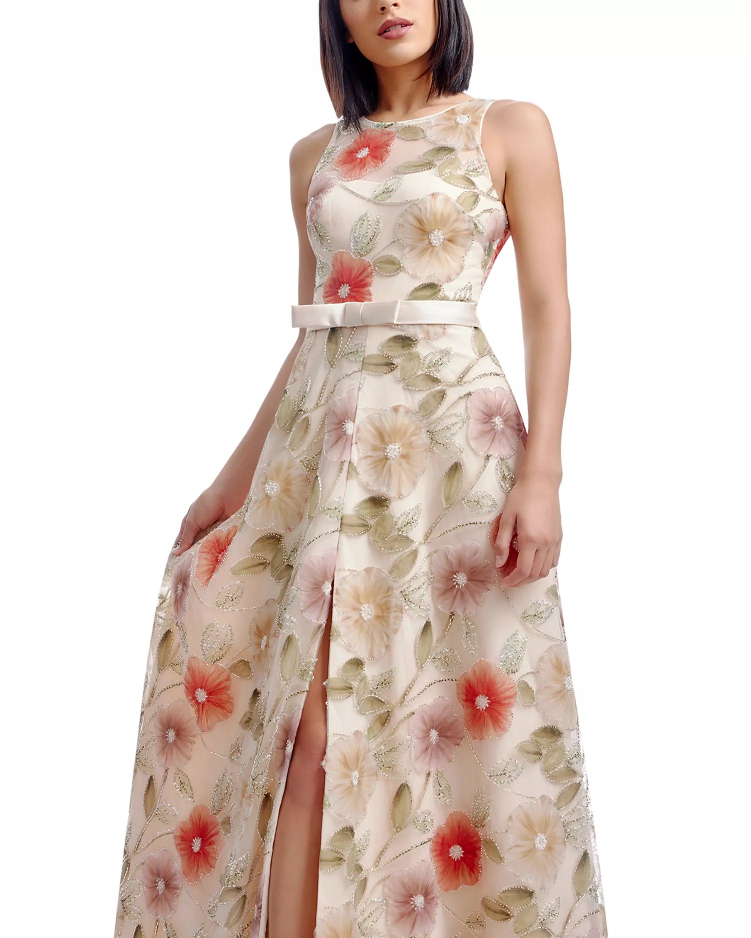 Delicate Flowy A-Line Round Neck Sleeveless Keyhole Back Slit Maxi Prom Dress