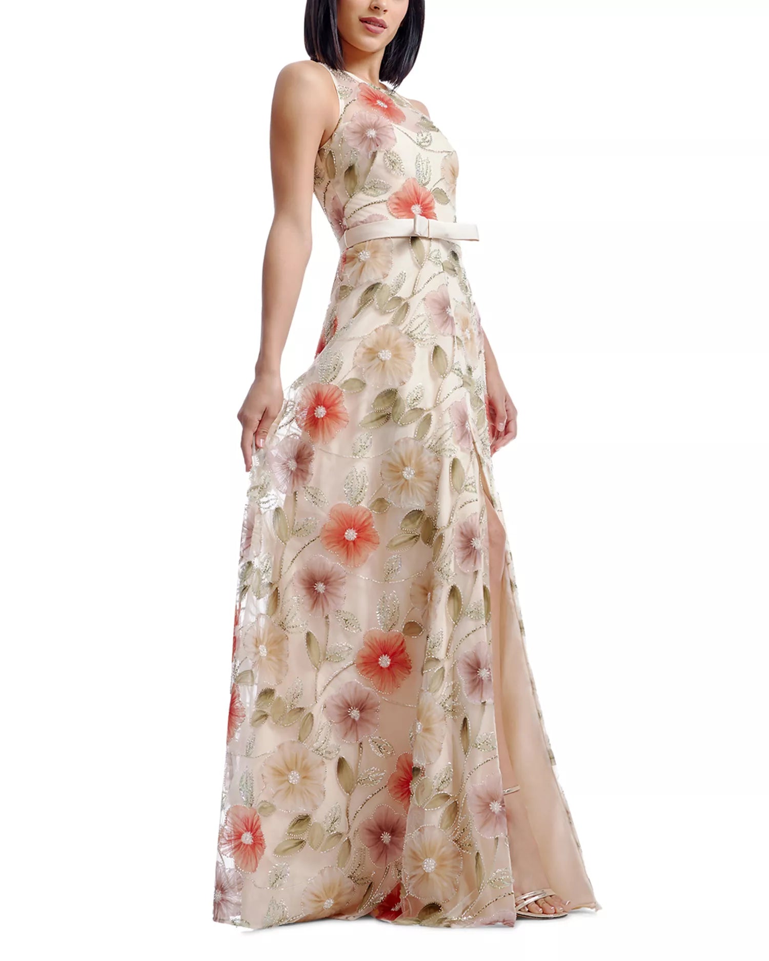 Delicate Flowy A-Line Round Neck Sleeveless Keyhole Back Slit Maxi Prom Dress