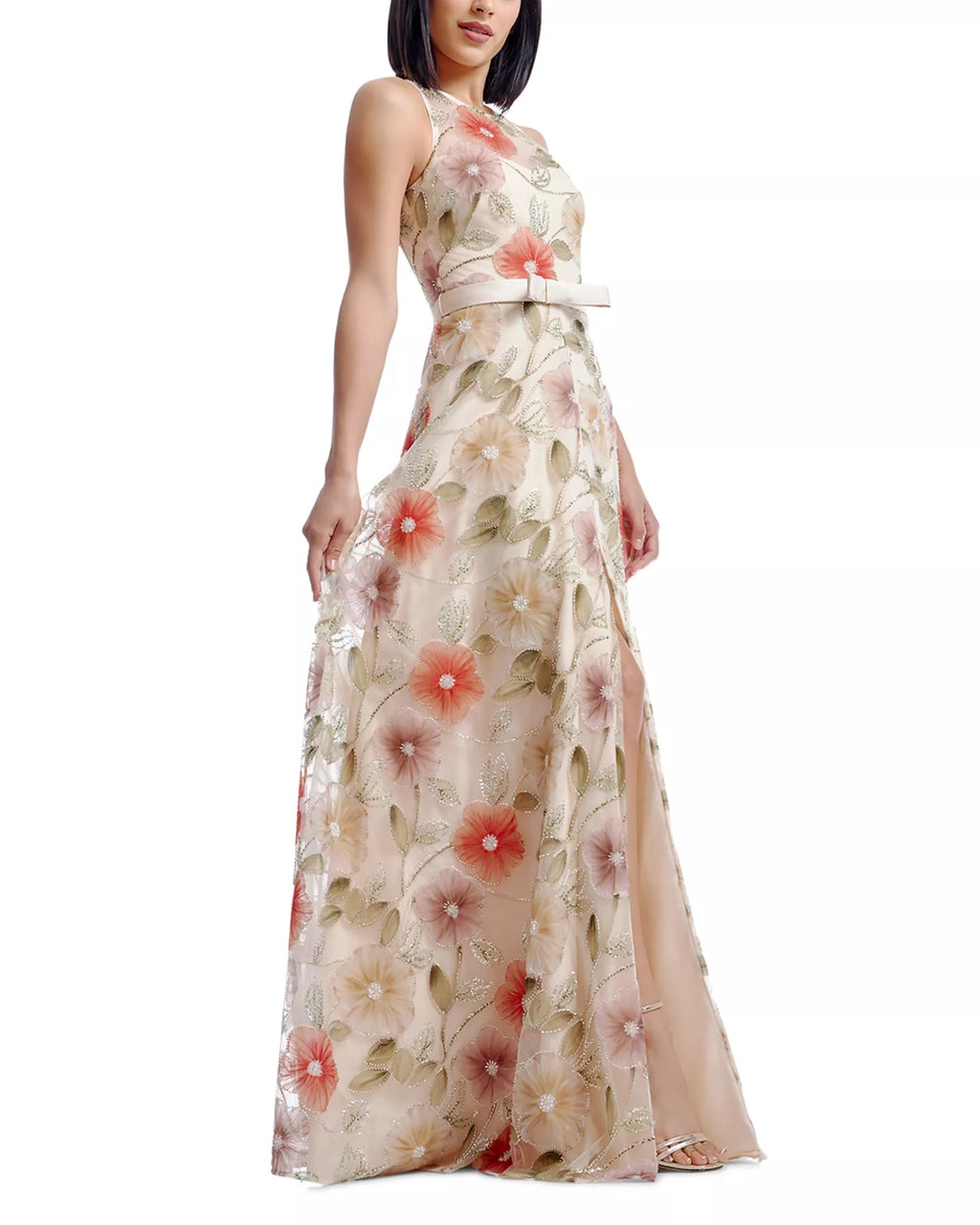 Ivory Mesh A-Line High Neck Floor-Length Evening Dress with Floral Embroidery & High Slit