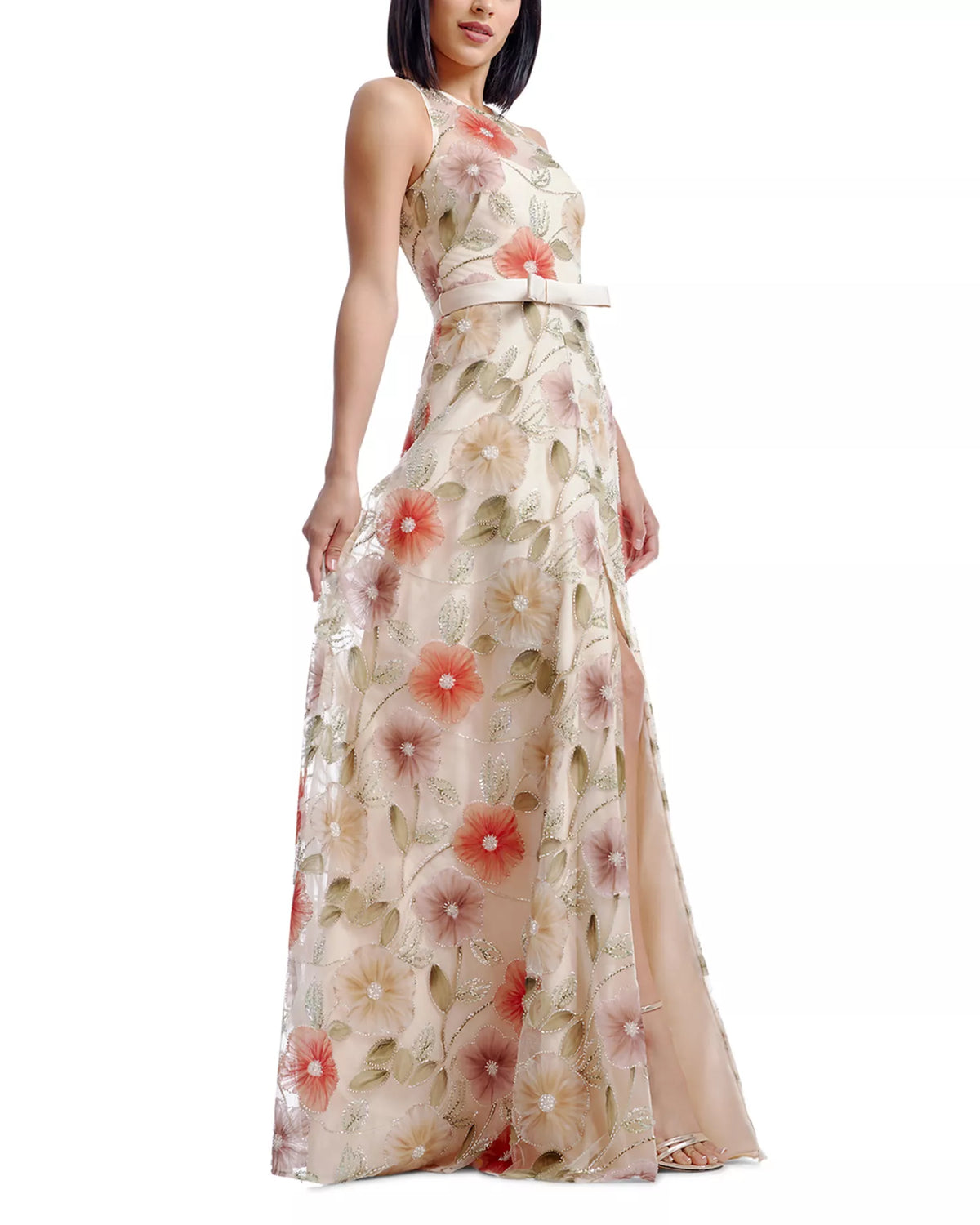 Ivory Mesh A-Line High Neck Floor-Length Evening Dress with Floral Embroidery & High Slit