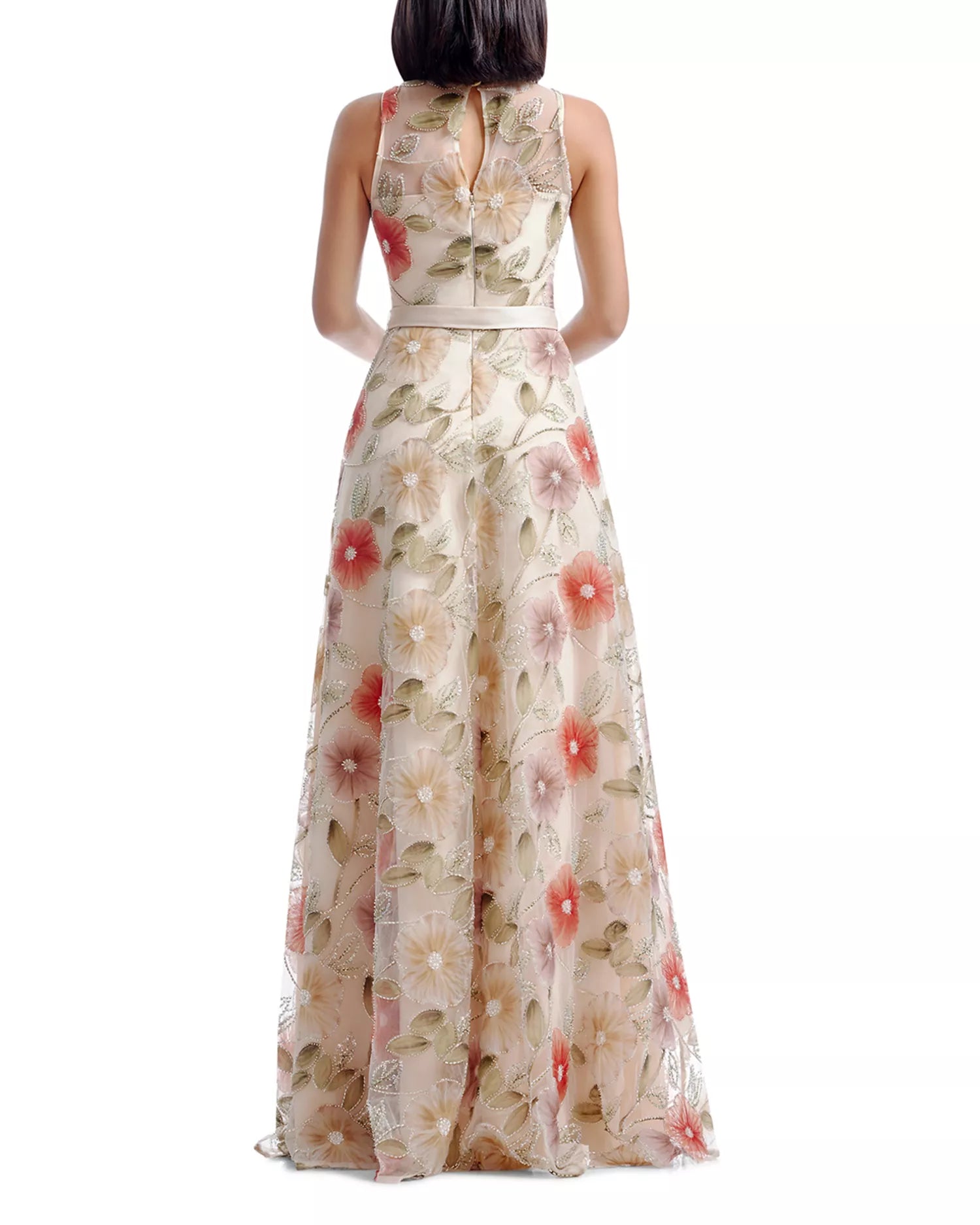 Delicate Flowy A-Line Round Neck Sleeveless Keyhole Back Slit Maxi Prom Dress