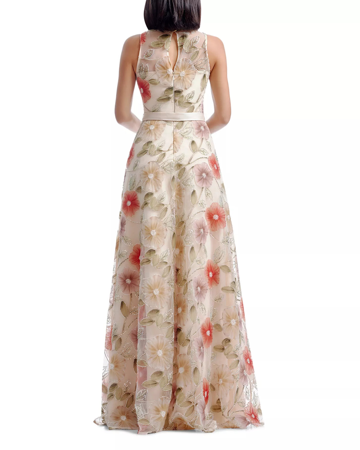 Ivory Mesh A-Line High Neck Floor-Length Evening Dress with Floral Embroidery & High Slit