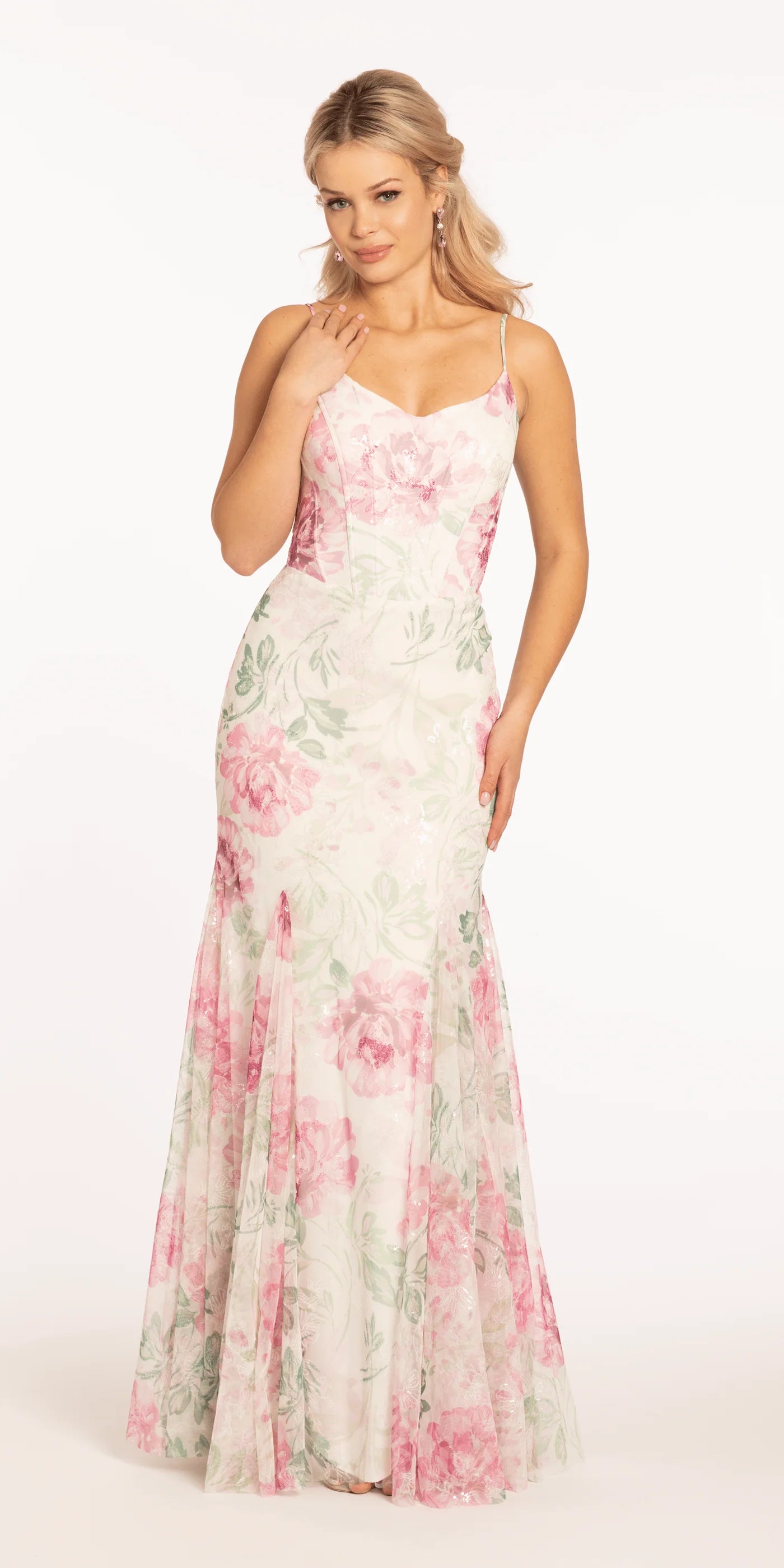 Delicate Pink Floral Sequin V-Neck Spaghetti Strap Back Zip Mermaid Floor-Length Prom Dress