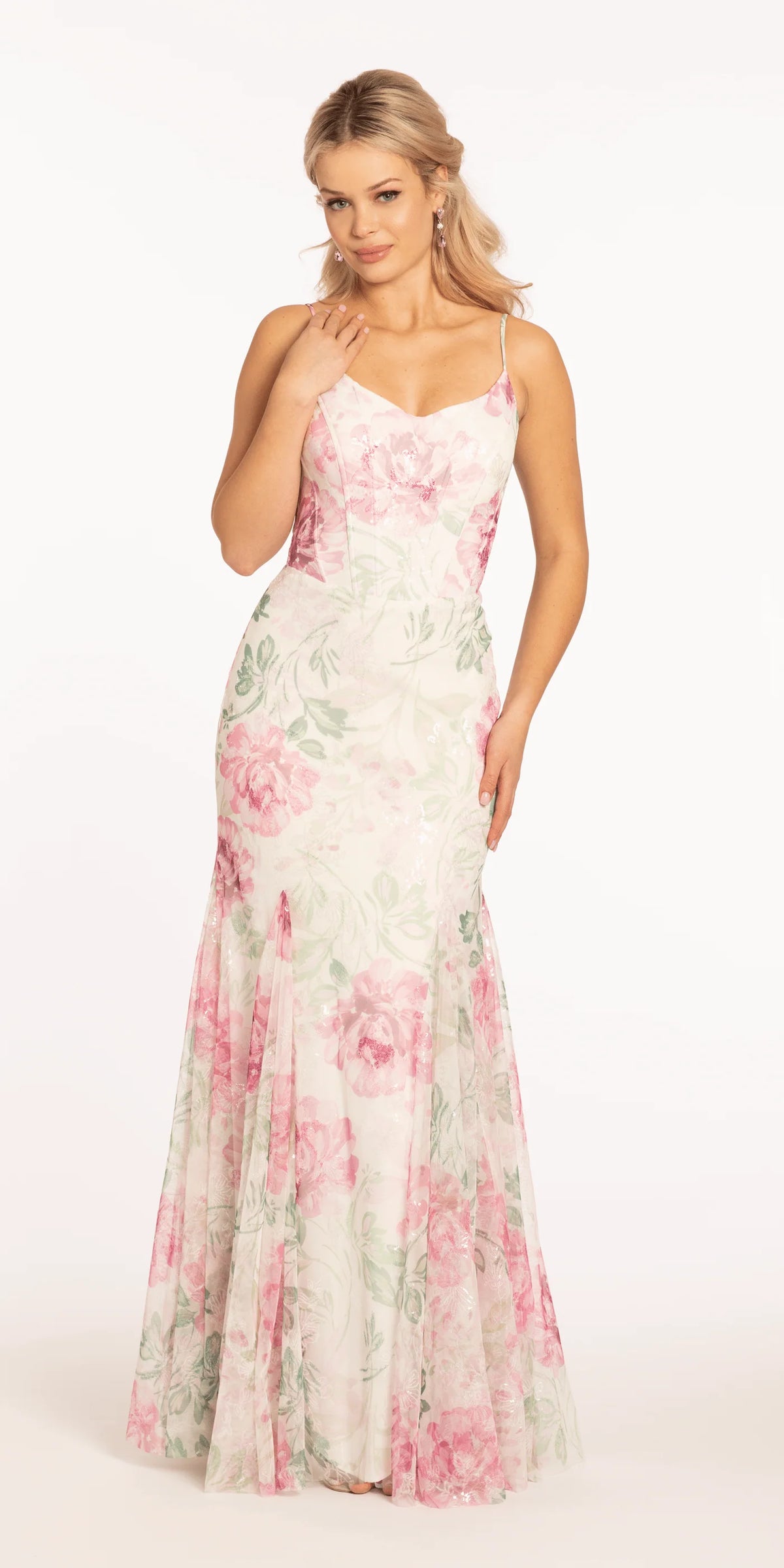 Pink Chiffon Sheath/column Floor-Length Bridesmaid Dress with Floral Sequin Overlay and Sweetheart Neckline